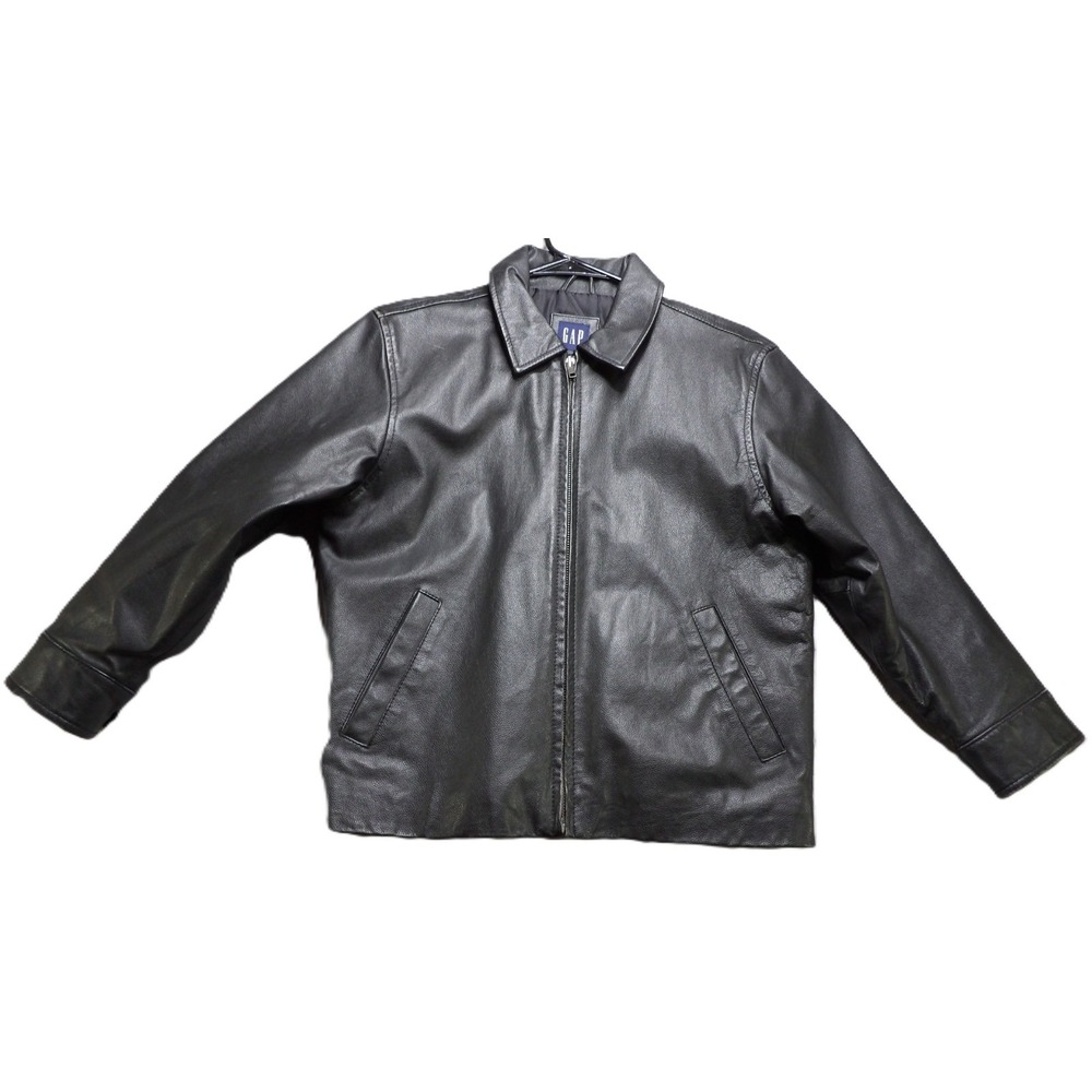 VTG Y2K Gap Black Leather Full Zipper Bomber Jacket Youth Boys M 7-8 Retro Biker